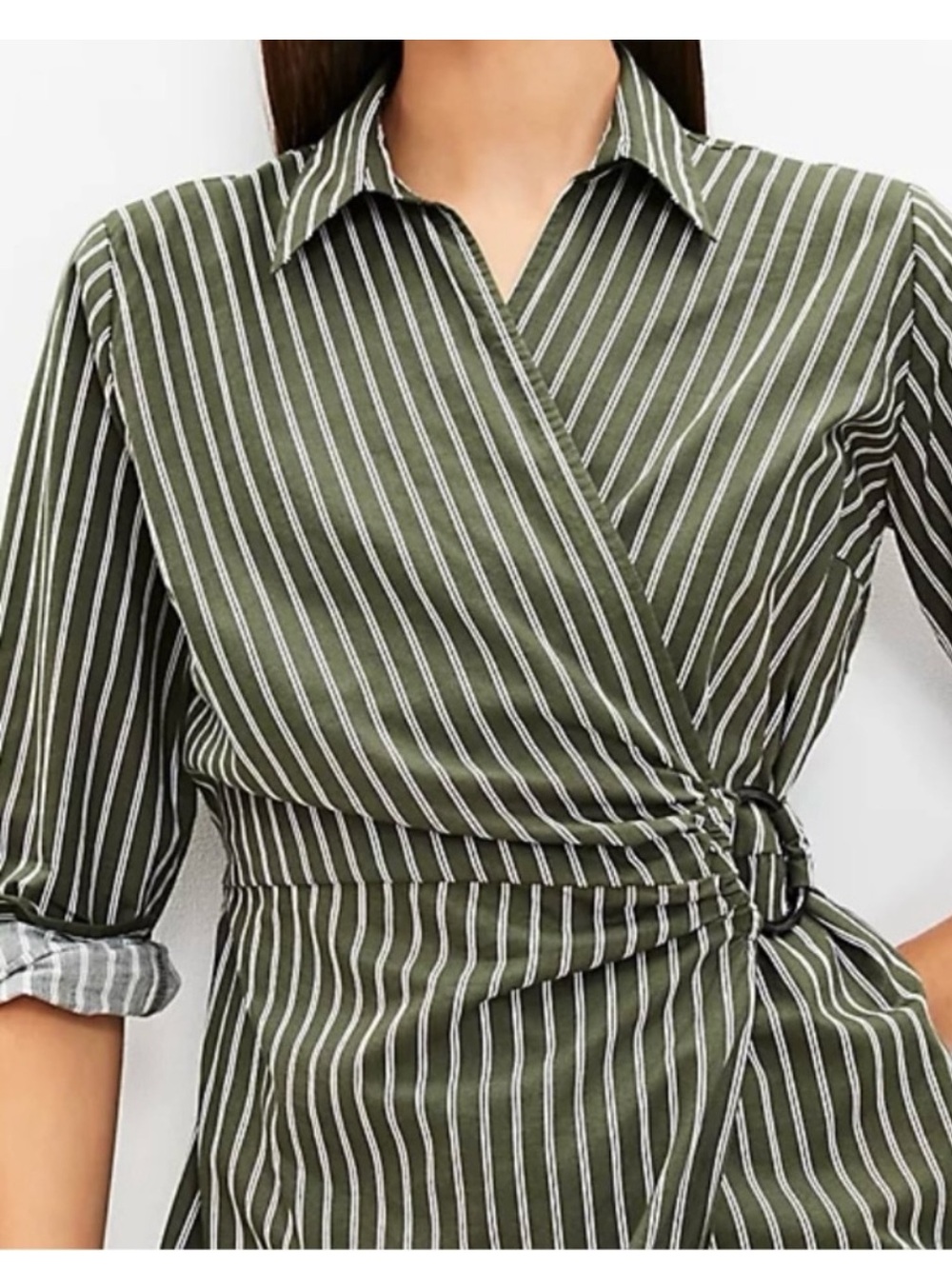 Loft striped Olive Green Pinstripe Wrap Shirtdress - Picture 2 of 5